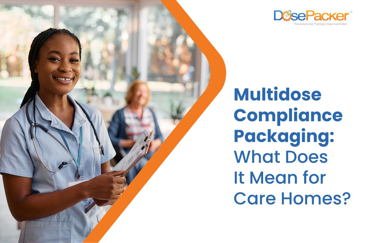 Care home staff and resident smile confidently after using multi-dose compliance packaging